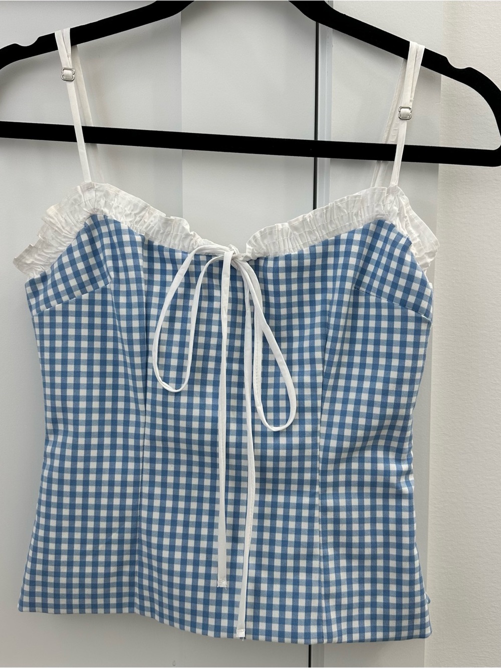Zara Blue and White Gingham Lace-Trim Bandeau Cami